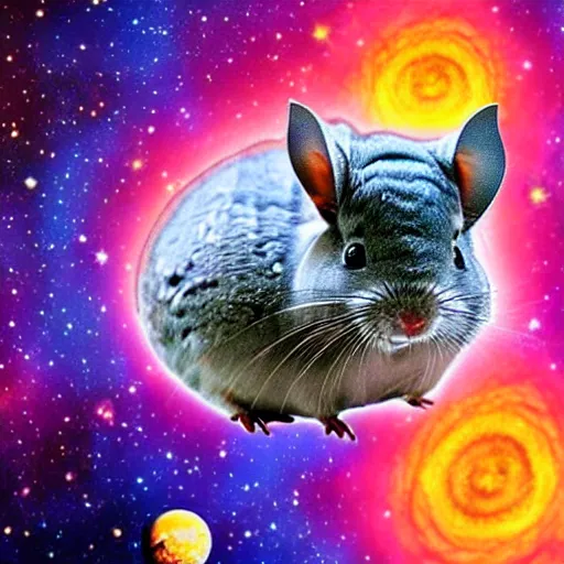 Prompt: thousands of chinchillas floating in space, woman's face floating in the center of the universe