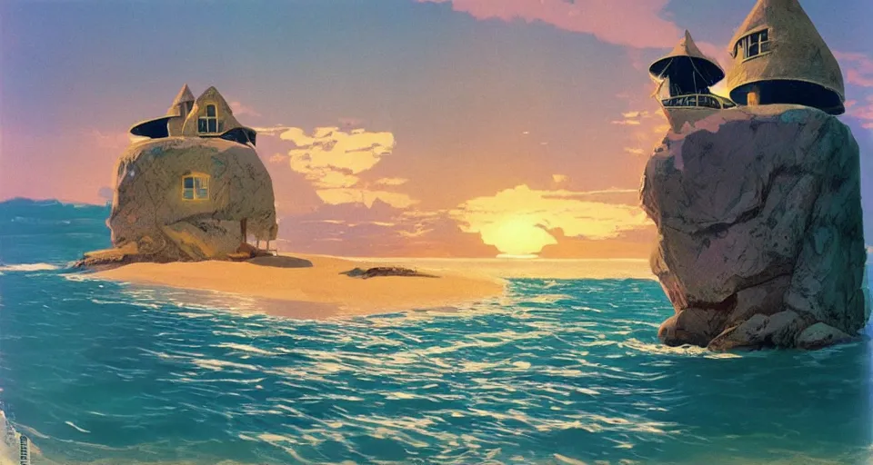 Image similar to tiny seashell house where a hermit girl lives, atmospheric cinematography by syd mead