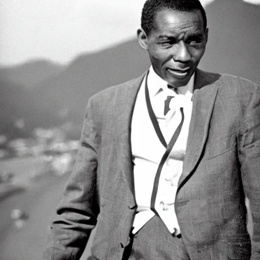 Image similar to vintage photo of a black man wearing a black suit in front of rio de janeiro