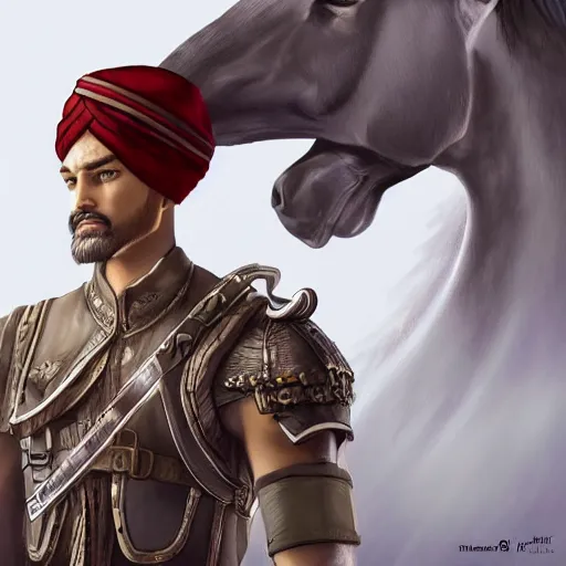 Image similar to an illustration for a new video game, by square enix, about a hero who fights for his nation, very realistic detail depiction with all perfection in even the smallest parts, wearing a turban and also a black horse, his clothes are very desert patterned, and also symmetrical, perfect shape, and also very detailed, this illustration is drawn by yoshitaka amano