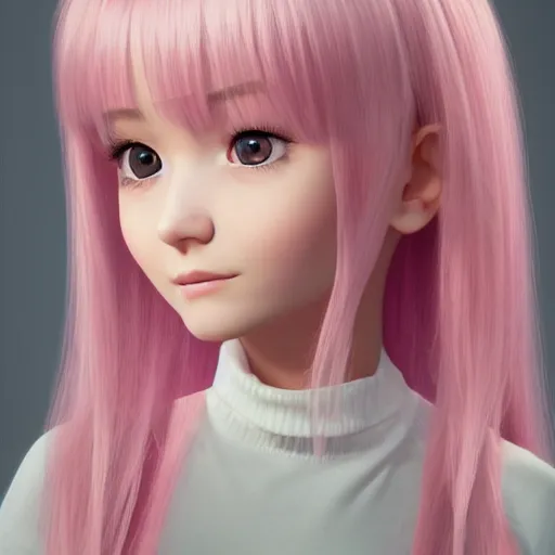 Image similar to A portrait of Nikki from Shining Nikki and Love Nikki, a cute 3d cgi toon young woman with long light pink hair, full bangs, hazel eyes, full round face, light makeup, pale skin, Chinese heritage, medium shot, mid-shot, hyperdetailed, 8k, trending on artstation, as a Pixar character