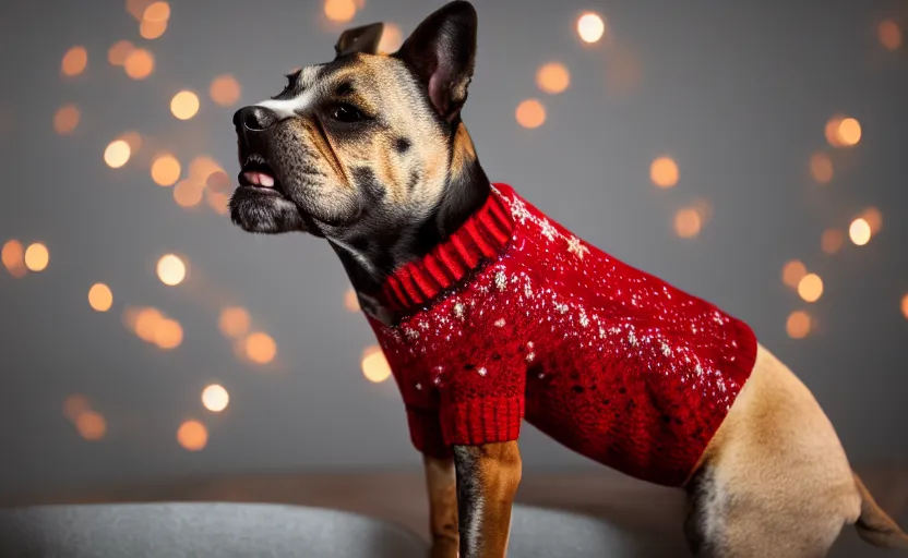 Image similar to studio photography of a dog wearing a christmas sweater, detailed face, cinematic lighting, 8 k