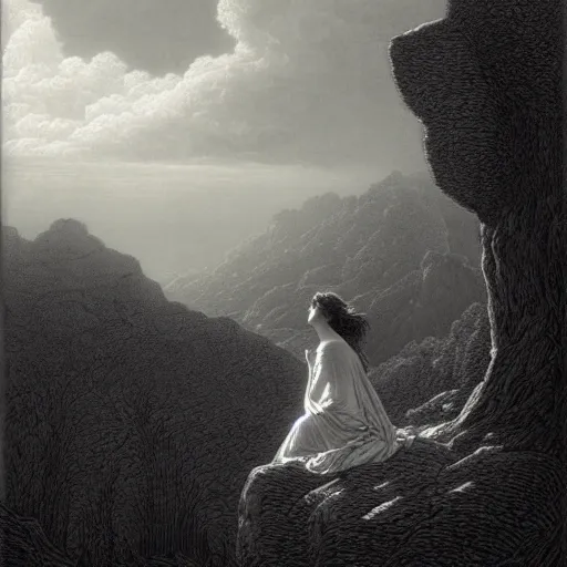 Image similar to A lonely woman, distant city, forest, cliff, gorgeous view, dramatic light, high contrast, illustration by Paul Gustave Doré