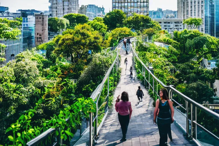 Prompt: a cinematic wideangle photograph of people walking through a utopian city walkway on top of buildings, green plants, blue sky, beautiful lighting