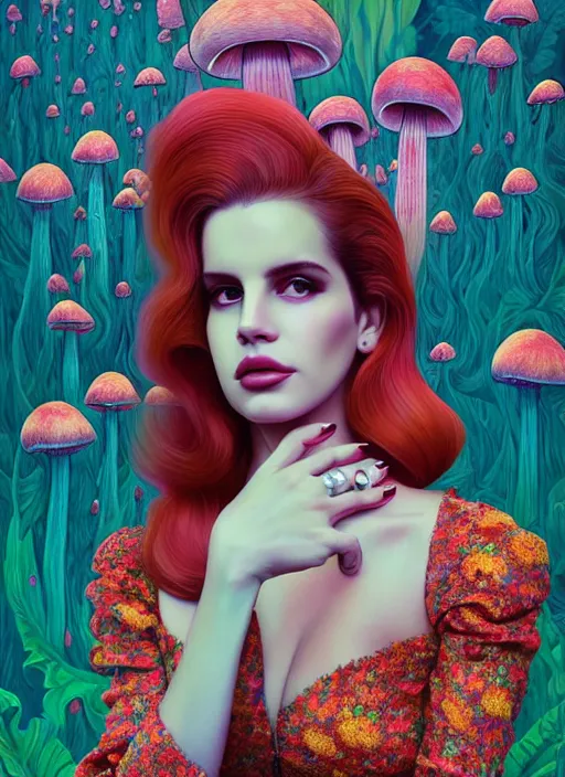 Image similar to pretty lana del rey with hallucination mushroom : : by martine johanna and simon stalenhag and chie yoshii and casey weldon and wlop : : ornate, dynamic, particulate, rich colors, intricate, elegant, highly detailed, vogue, harper's bazaar art, fashion magazine, smooth, sharp focus, 8 k, octane render,