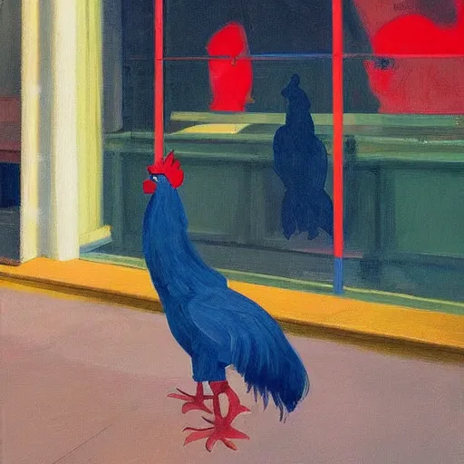 Prompt: a portrait of a robotic rooster wearing a hoodie, a highly detailed edward hopper painting, by adrian ghenie and gerhard richter. art by james gurney. masterpiece, flat surreal design with deep colours. 8 k. artstation