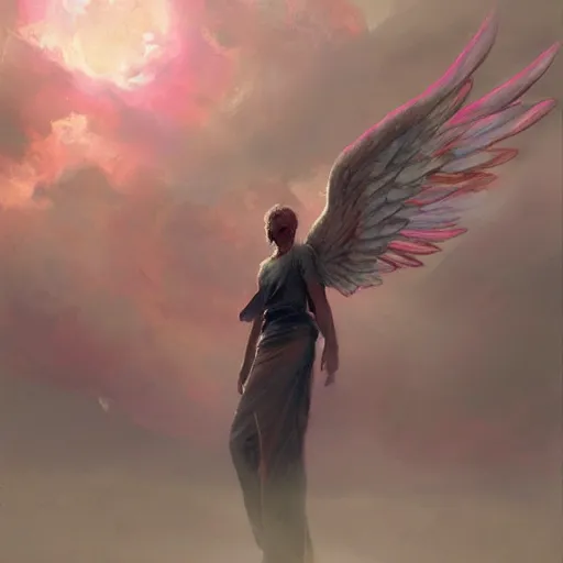 Prompt: a scary biblically accurate angel, many wings many eyes in a beautfiful sky, pink clouds illuminated by the sun, eerie, monster like, by craig mullins