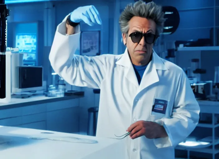 Image similar to film still of rick sanchez lab coat blue shirt in the new scifi movie 4 k