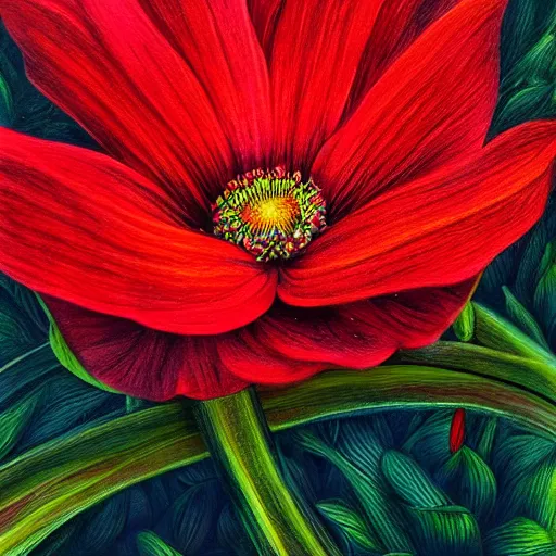 Prompt: one red flower in middle of yellow flower park, artgerm, intricate, elegant, fine details, digital painting, arstation, concep art, smooth, sharp focus, illustration, in the style of jerremy geddes and ian hornak and erick zener and ron kleeman
