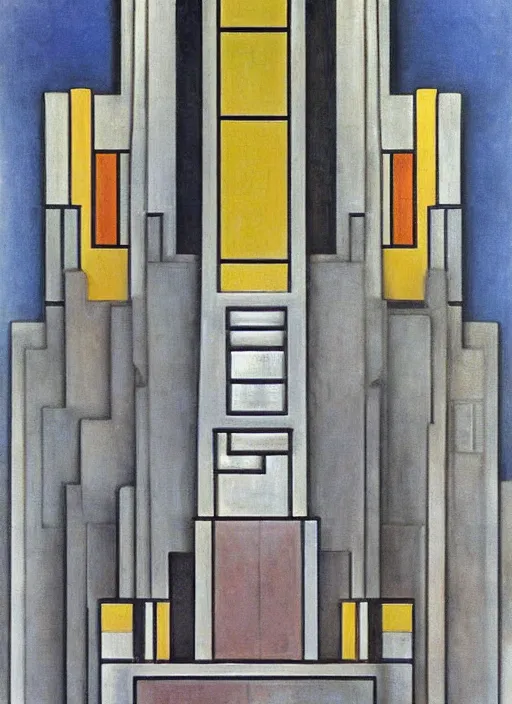 Image similar to artdeco cathedral by frank lloyd wright painted by piet mondrian