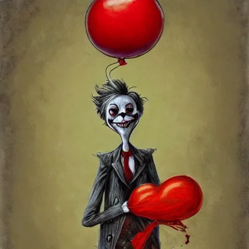 Prompt: grunge painting of creepy pasta with a wide smile and a red balloon by chris leib, loony toons style, pennywise style, corpse bride style, horror theme, detailed, elegant, intricate