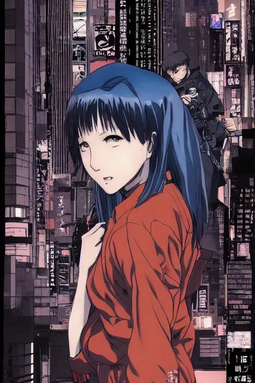 Prompt: professionally drawn 9 0 s seinen seinen seinen mature cyberpunk horror detective action manga comic cover, full color, beautifully drawn coherent professional, drawn by ilya kuvshinov, satoshi kon, hiromu arakawa. japanese script on the cover. cyborg girl in foreground with blue eyes. award - winning manga.