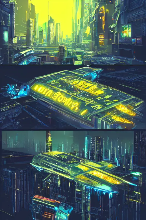 Prompt: cyberpunk buildings with a flight vehicle glowing in the sky, neon sign, bottom view ， bladerunner, pixiv