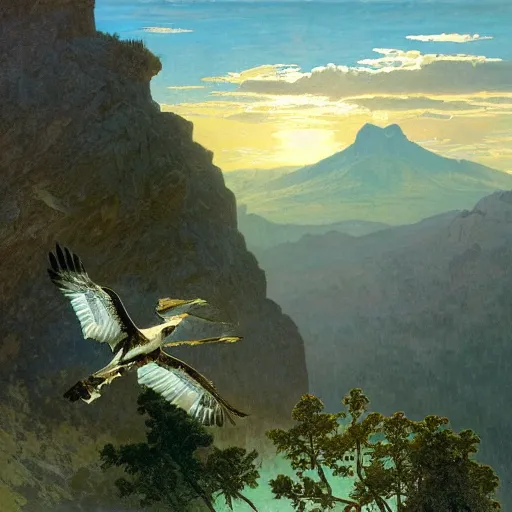 Prompt: an osprey in flight over a spectacular mountain at golden hour. by albert bierstadt, alphonse mucha and julie dillon.
