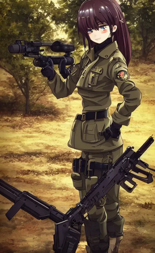 Image similar to portrait of a female soldier, highly detailed, high resolution, military camp in the background, anime style, stunning, girls frontline style, bokeh soft, 3d rendering, guilty gear strive graphics, 100mm, trending on instagram, by professional photographer, realistic human anatomy, realistic military carrier, modern warfare, realistic weapon, shot with a arriflex 35 ii, low saturation, small eyes