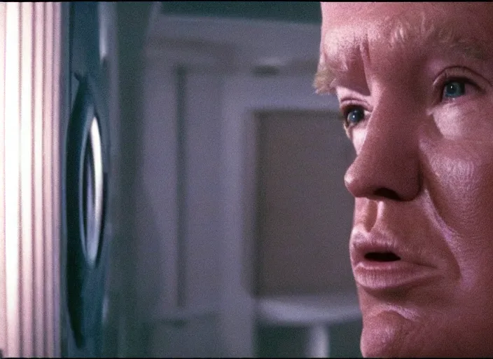 Image similar to screenshot from moody scene of Donald Trump dreaming on a spaceship, scene from the film Contact 1999 film directed by Jodi Foster, kodak film stock, anamorphic lens, 4K, film grain, detailed, stunning cinematography