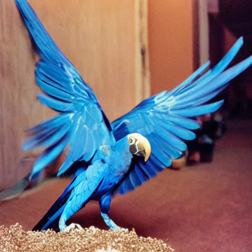 Prompt: Hyacinth macaw in ground lost in backrooms, cinematic shot, cinestill 800 t