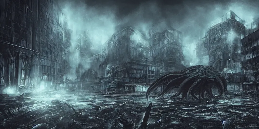 Image similar to cthulhu destroying a post apocalyptic city, dark, trending on artstation, digital art, fog, sun flare