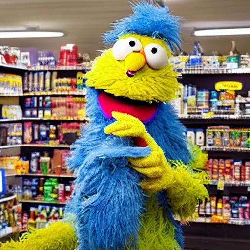 Prompt: Evil Sesame street Big Bird robbing a convenience store with an Ar15 gun