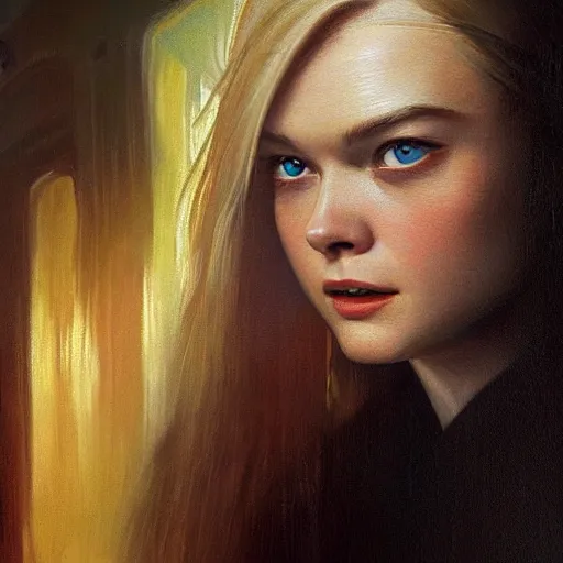 Image similar to ultra realistic medium shot portrait painting of elle fanning in the painted world of resident evil and bruce pennington, art by frank frazetta, 4 k, ultra realistic, highly detailed, epic lighting