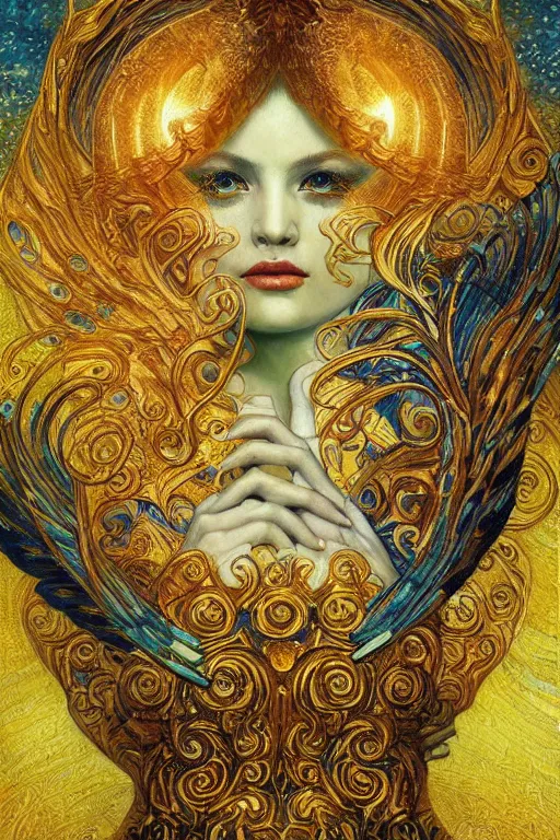 Image similar to Visions of Paradise by Karol Bak, Jean Deville, Gustav Klimt, and Vincent Van Gogh, visionary, otherworldly, radiant halo, fractal structures, infinite angelic wings, ornate gilded medieval icon, third eye, spirals, heavenly spiraling clouds with godrays, airy colors