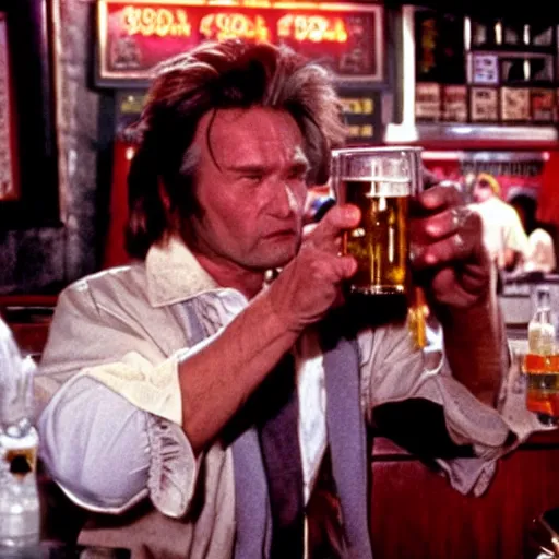 Image similar to deleted scene from Big trouble in little China, Jack Burton drinking beer, Chinatown bar, amazing shot, 1987