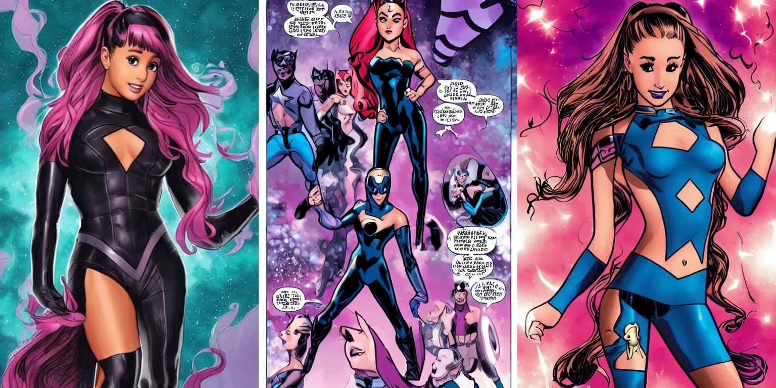 Prompt: Ariana Grande as a superhero in Marvel Comics