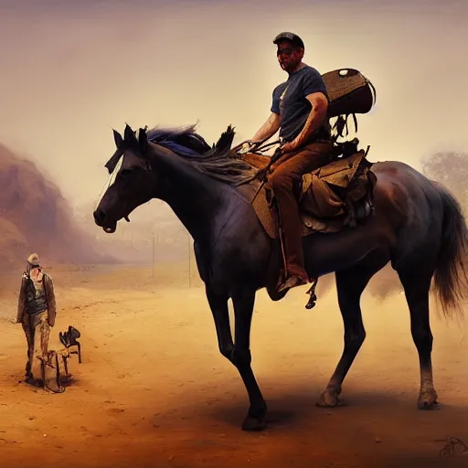 Prompt: man carries horse, hyperrealism, no blur, 4 k resolution, ultra detailed, style of ron cobb, adolf hiremy - hirschl, syd mead, ismail inceoglu, rene margitte