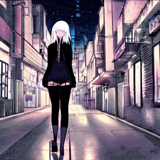 Prompt: a blonde woman with a ponytail wearing black clothes wanders through a city at night, anime