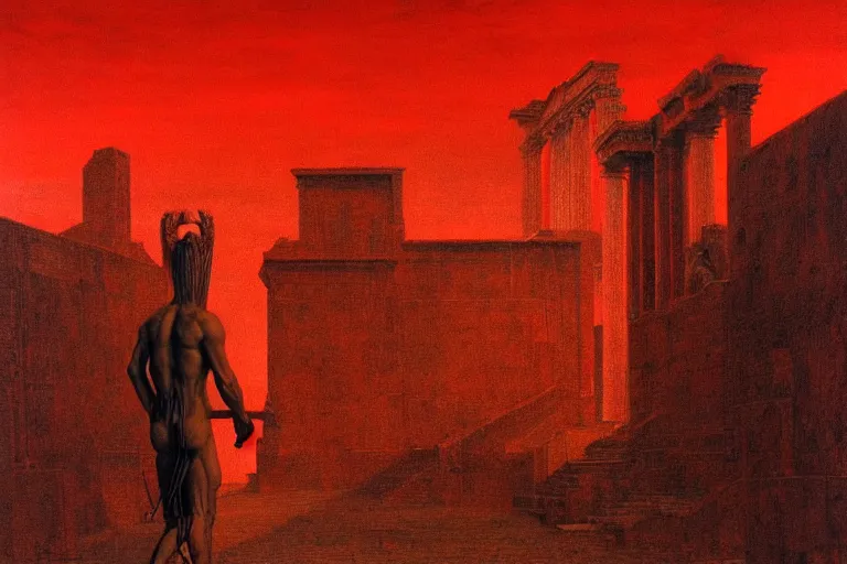 Image similar to only with red, caesar after war, a red tiger, in hoc signo vinces, rome in background, an ancient path, in the style of beksinski, part by hopper, part by rodcenko, part by hofbauer, intricate composition, red by caravaggio, insanely quality, highly detailed, masterpiece, red light, artstation