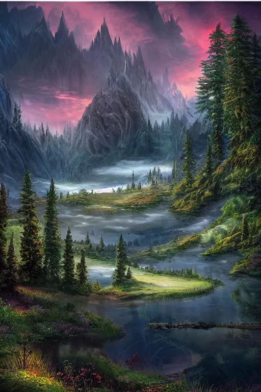 Prompt: beautiful matte painting style dark academia, whimsical art fantasy path mountains and meadow in the background near a lake reflecting the trees, atmospheric lighting, painted, intricate, volumetric lighting, beautiful, rich deep colors masterpiece, sharp focus, ultra detailed by