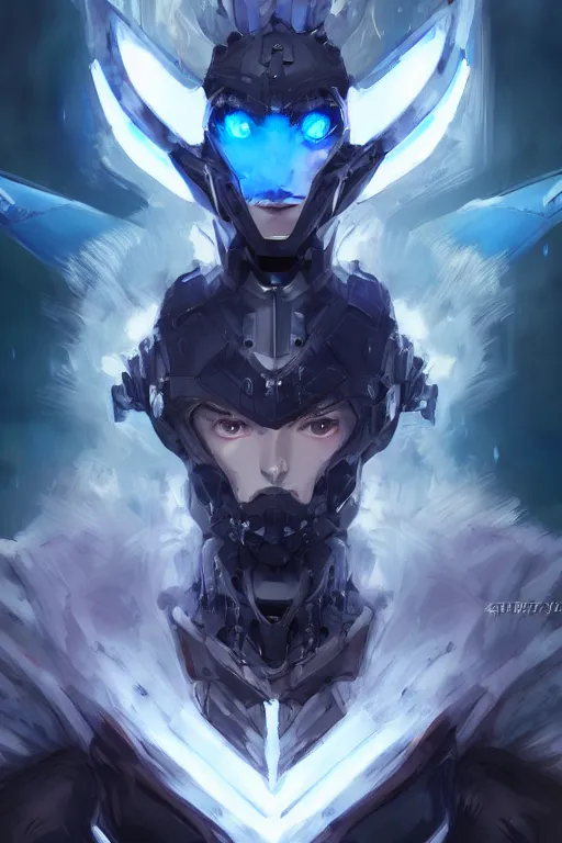 Image similar to concept art, anime portrait of a cyborg wearing an azure wolf themed armor by Stanley Artgerm Lau, WLOP, Rossdraws, James Jean, Andrei Riabovitchev, Marc Simonetti, and Sakimichan, trending on artstation