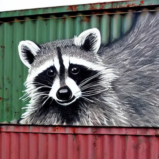 Prompt: raccoon graffiti on rusty green shipping container,