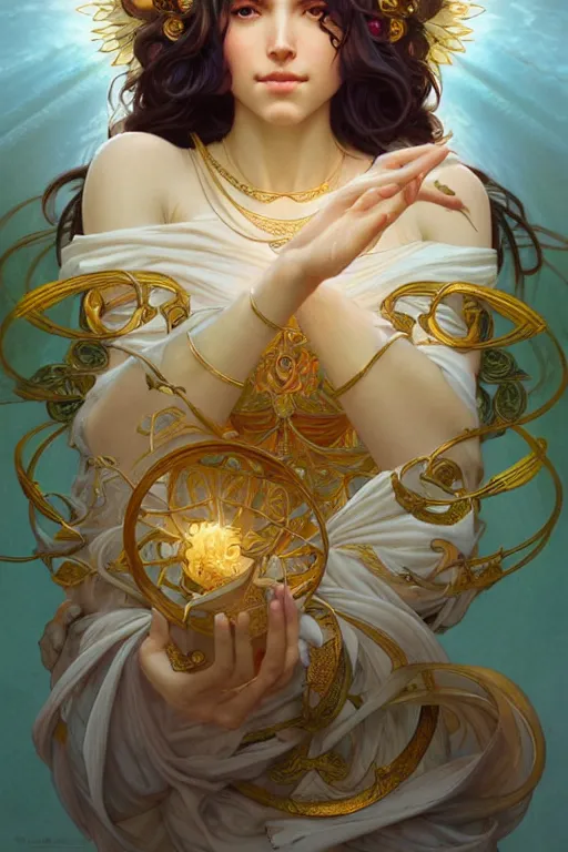 Image similar to goddess of peace and harmony, highly detailed, digital painting, artstation, concept art, smooth, sharp focus, illustration, unreal engine 5, 8 k, art by artgerm and greg rutkowski and alphonse mucha