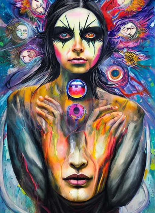 Prompt: enlightened magic cult psychic woman, painted face, third eye, energetic consciousness psychedelic, epic surrealism expressionism symbolism, story telling, iconic, dark robed, oil painting, symmetrical face, dark myth mythos, by sandra chevrier, joan mitchell masterpiece