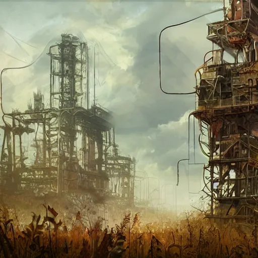 Prompt: post apocalyptic overgrown oil rig by marc simonetti, trending on artstation, digital artwork, highly detailed, contest winner, environmental artwork, concept art