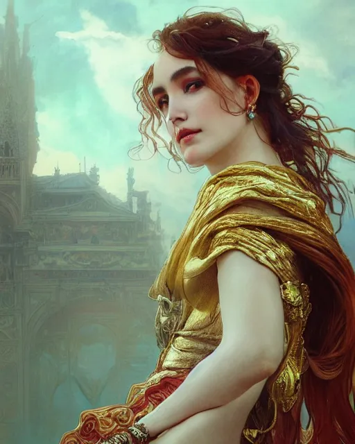 Image similar to a beautiful close up portrait of a sorceress floating on air with elegant looks, flowing robe, ornate and flowing, intricate and soft by ruan jia, tom bagshaw, alphonse mucha, wlop, beautiful roman architectural ruins in the background, epic sky, vray render, artstation, deviantart, pinterest, 5 0 0 px models