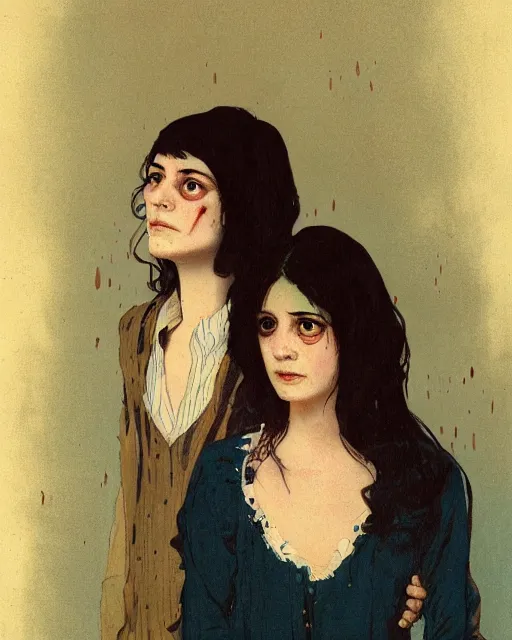 Image similar to two beautiful but creepy siblings wearing oxford shirts in layers of fear, with haunted eyes and dark hair, 1 9 7 0 s, seventies, wallpaper, a little blood, morning light showing injuries, delicate embellishments, painterly, offset printing technique, by brom, robert henri, walter popp