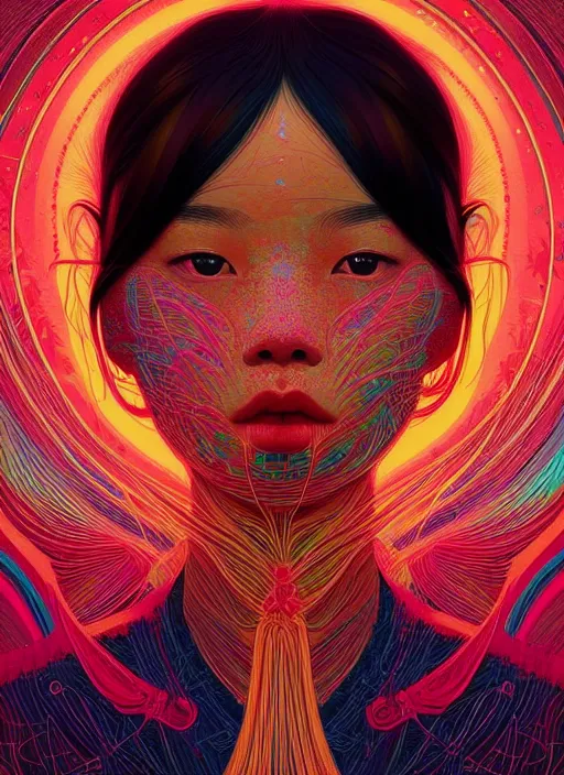 Prompt: prompt! dream symmetry!! stunning portrait of vietnamese girl!! by victo ngai, kilian eng vibrant colours, dynamic lighting, digital art, winning award masterpiece, fantastically beautiful, illustration, aesthetically inspired by beksinski and dan mumford, trending on artstation, art by greg rutkowski, 8 k