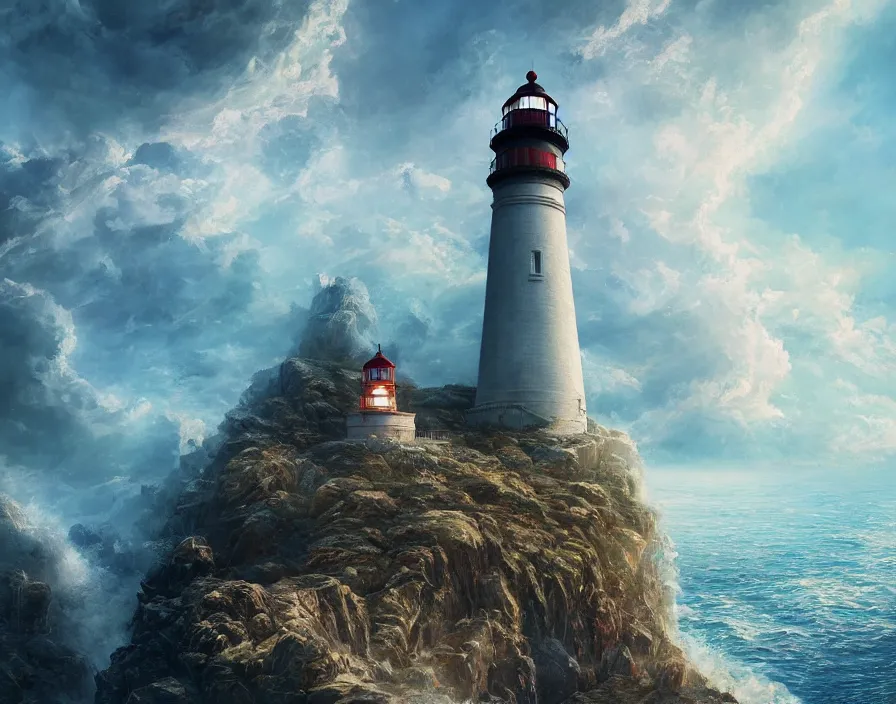 Prompt: fantasy painting of a lighthouse on the edge of a cliff overseeing a vast ocean, complex, detailed, intricate abstract. delicate artwork. by Tooth Wu, wlop, beeple, dan mumford. octane render, trending on artstation, greg rutkowski very coherent symmetrical artwork. cinematic, hyper realism, high detail, octane render, 8k, depth of field, bokeh. chrome accents.