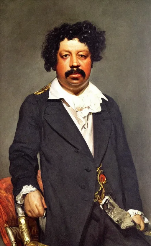 Image similar to Portrait of Alexandre Dumas, oil on canvas, highly detailed, by Delacroix, 8k