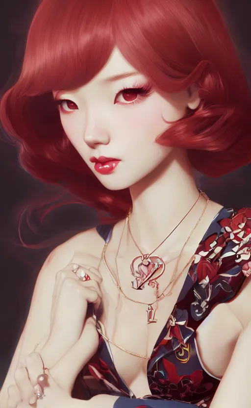 Image similar to a pin up and beautiful fashion charming dreamlke korea girl with lv jewelry, character art, art by artgerm lau and kyoung hwan kim and and ilya kuvshinov and john singer sargent, hyperdetailed, 8 k realistic, symmetrical, frostbite 3 engine, cryengine, dof, trending on artstation, digital art