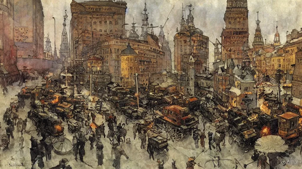 Prompt: russian revolution dieselpunk 1 9 1 0 cityscape, painting by carl larsson