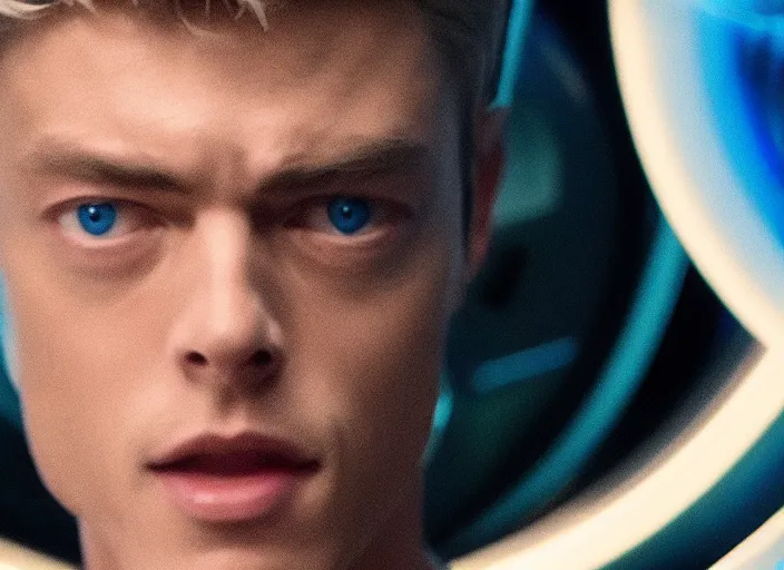 Image similar to Lucky Blue Smith plays as captain in Star Trek Discovery, engine room and warp core in the background, 35mm photography, highly detailed, cinematic lighting, 4k