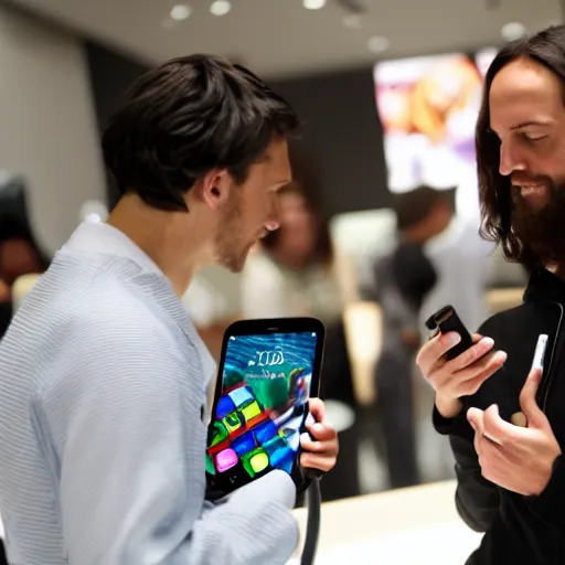 Prompt: jesus christ buying an iphone at the apple store