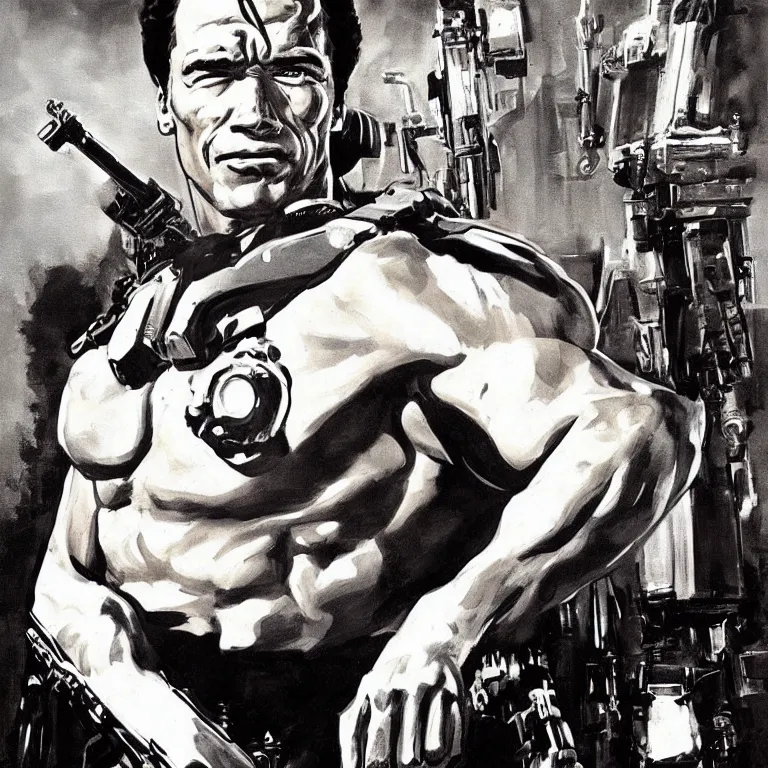 Image similar to scifi portrait of Arnold Schwarzenegger by Robert McGinnis, pulp comic style, circa 1958, photorealism