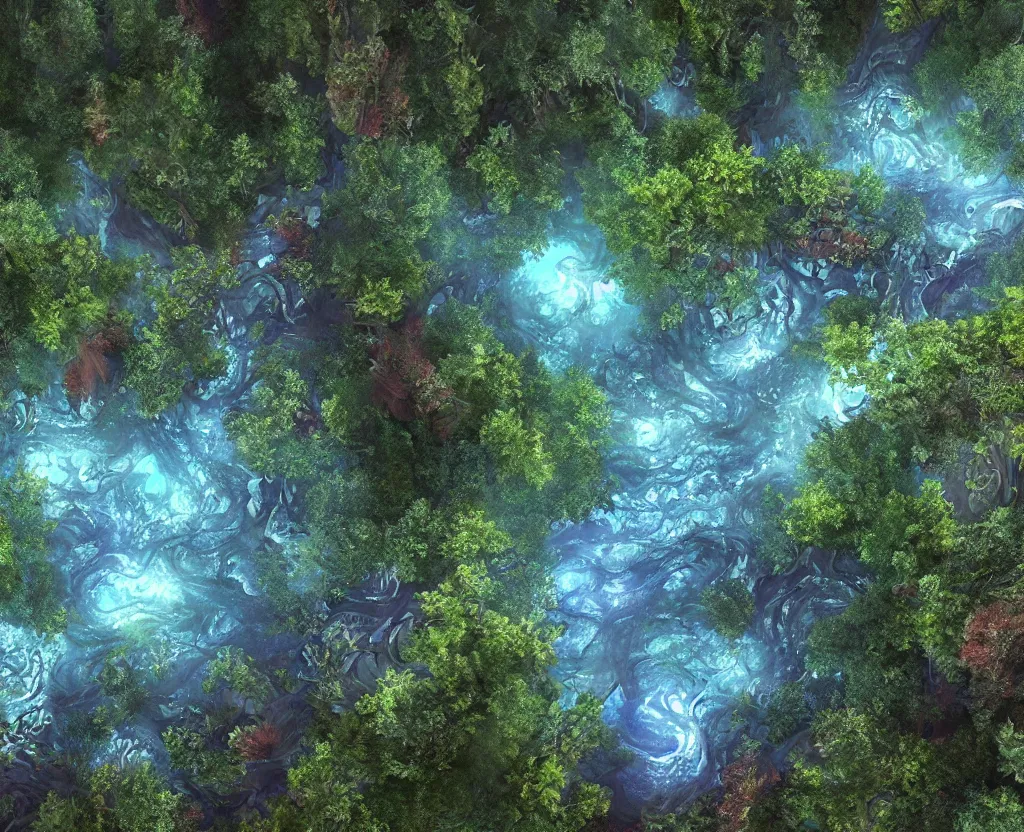 Image similar to enchanted magical illumined twisty swirly watery ( next level ) giant redwood forest. spells. runes. 8 k. uhd. octane render. highly elegant, detailed. harmonic composition. epic composition. hd.