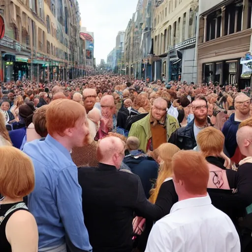 Image similar to a 7 foot tall, ginger, balding middle aged man walking among the crowd