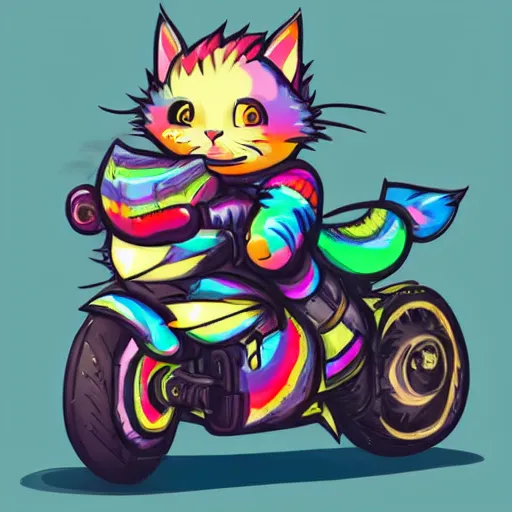 Image similar to wide angle full body, jacket wearing fluffy cute rainbow kitten wearing a black leather motorcycle jacket, riding on a motorcycle, cinematic concept art