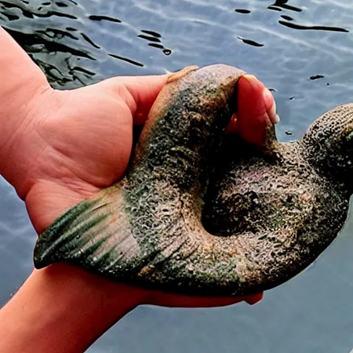 Prompt: scientists hands holding the fossilized remains of a mermaid that resembles the starbucks logo